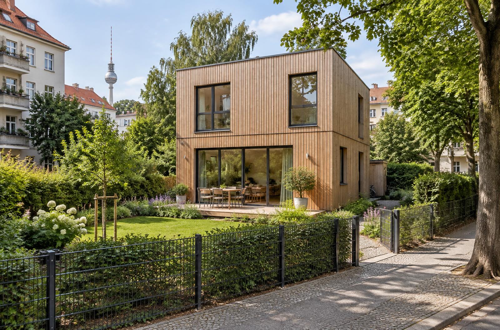 Modernes Modulhaus auf einem begrünten Berliner Grundstück